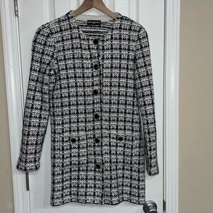 Karl Lagerfled Long Black & White Plaid Tweed Blazer Size Small